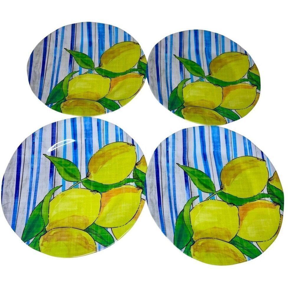 Set of 4 CYNTHIA ROWLEY Lemon and Blue Stripe 9" Melamine Plates